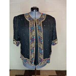 jacket beaded sequins short sleeve 100% silk black purple gold blue glam